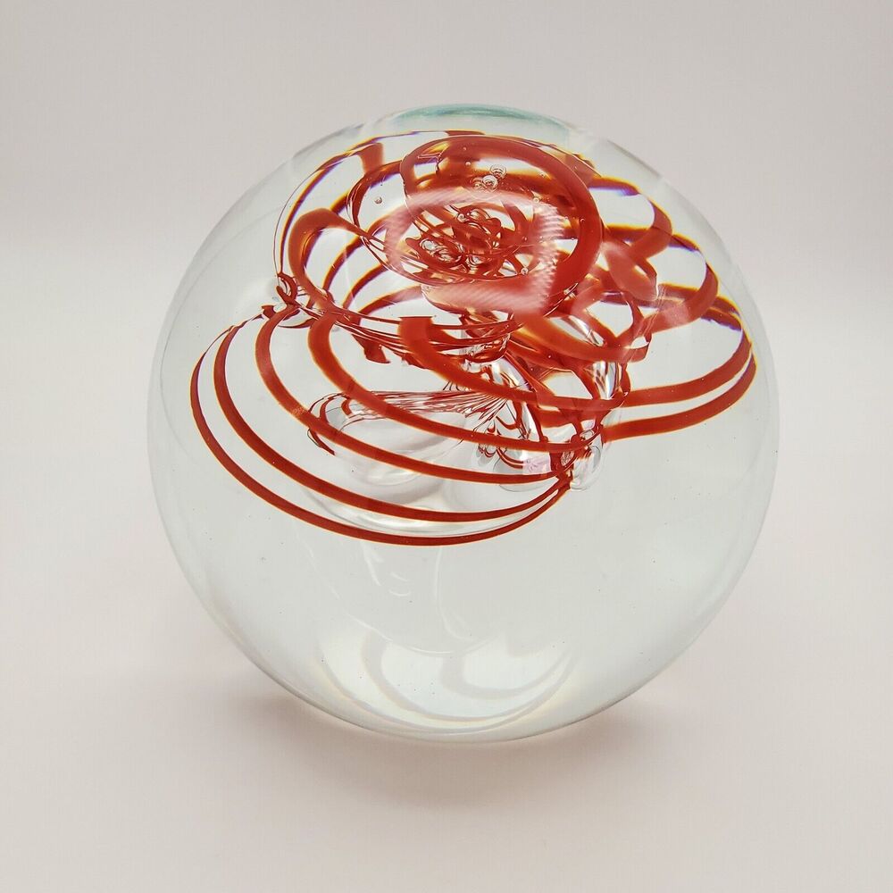 Iris Bohemia Crystal Paperweight Red Swirls Clear Glass Handmade 15" Vintage